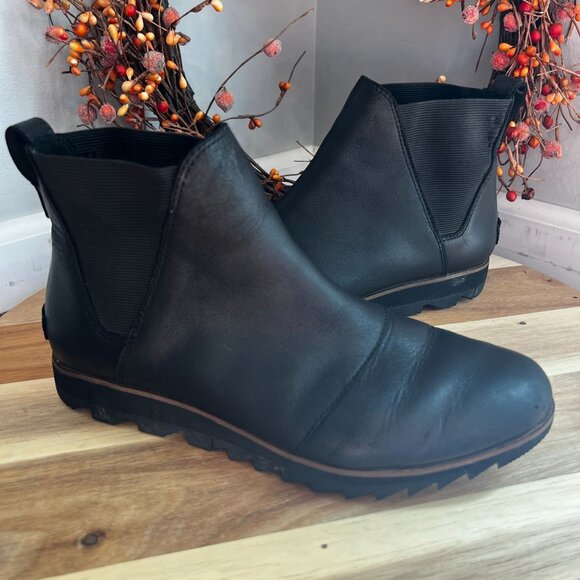 Sorel Womens Harlow Lug Sole Chelsea Booties Sz 9 Black Leather Waterproof - Picture 1 of 14